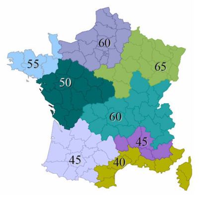 Application de la réglementation thermique RT 2012 Moyenne du Cep max RT 2012 en fonction de la zone climatique (source : developpement-durable.gouv.fr)